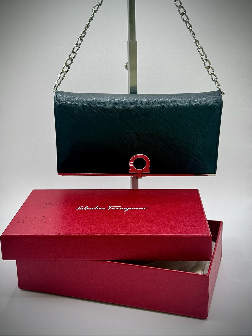 Salvatore Ferragamo Gancini Long Wallet Black Saffiano Leather Luxury Italian